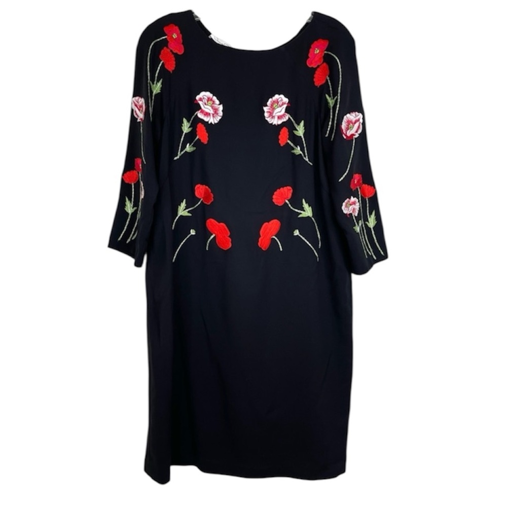 OSCAR DE LA RENTA Black Silk Embroidered Floral Runway Shift Dress Size 6 Rare